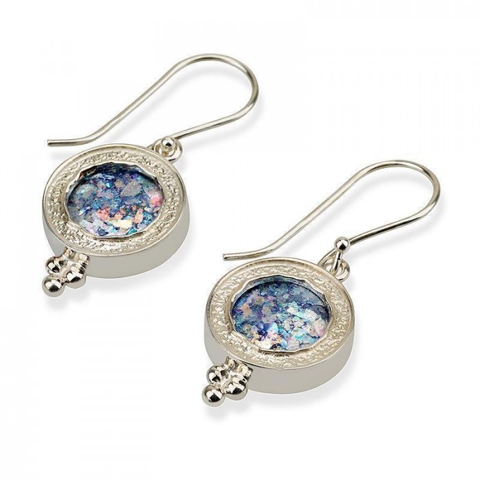 Round Earrings in Silver with Roman Glass Center