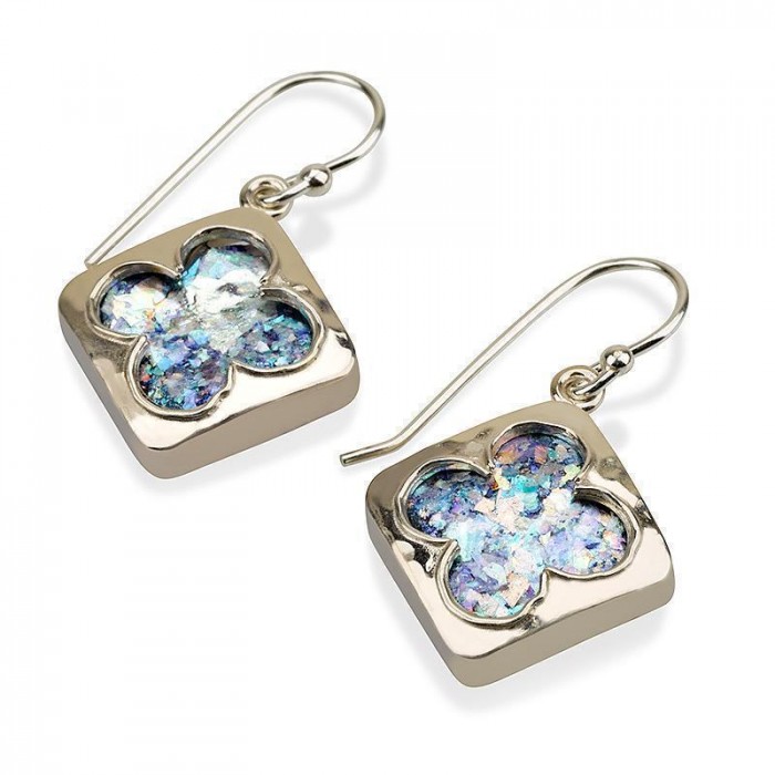 Four-Leaf Clover Silver Earrings with Roman Glass