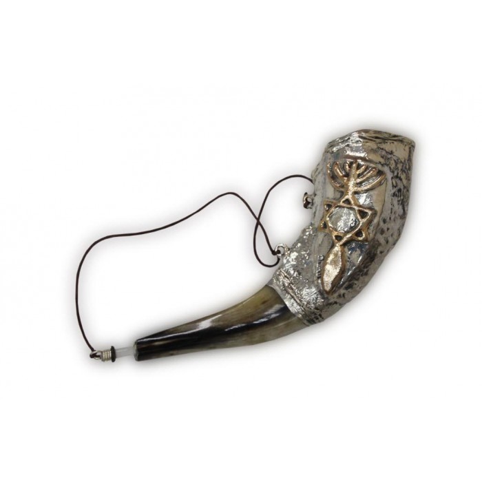 Anointing Ram Horn Shofar in Sterling Silver with Golden Messianic Symbol