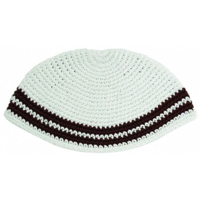 Kippah with Frik Design in White with Brown Stripes