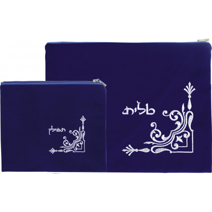 Tallit and Tefillin Set in Blue Velvet with Silver Embroidery