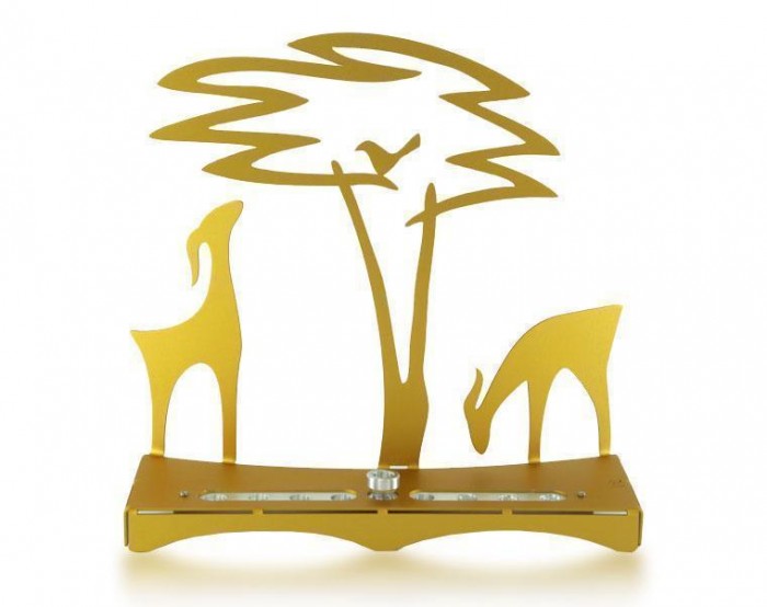 Hanukkah Menorah with Nature Scene in Gold from Shraga Landesman