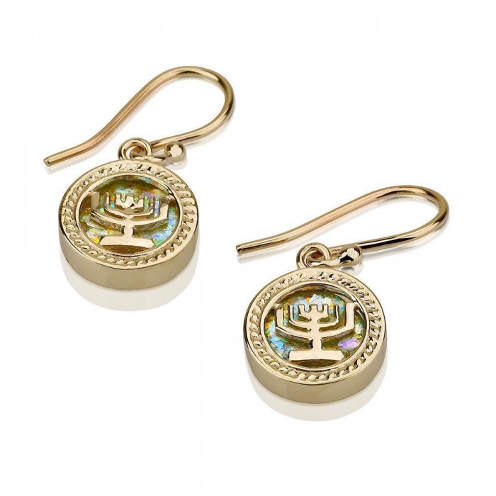 Earrings with Menorah and Roman Glass in 14k Yellow Gold