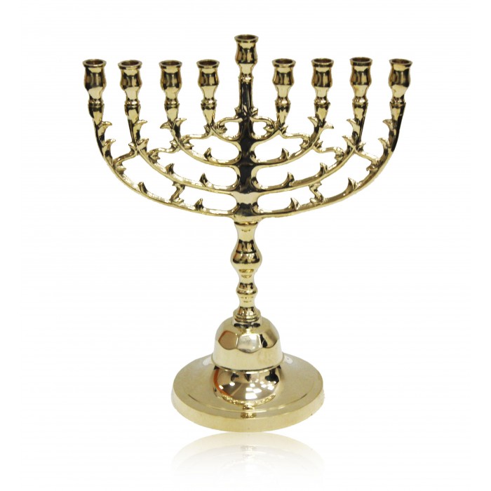Hanukkah Menorah with Burning Bush Design in Gold