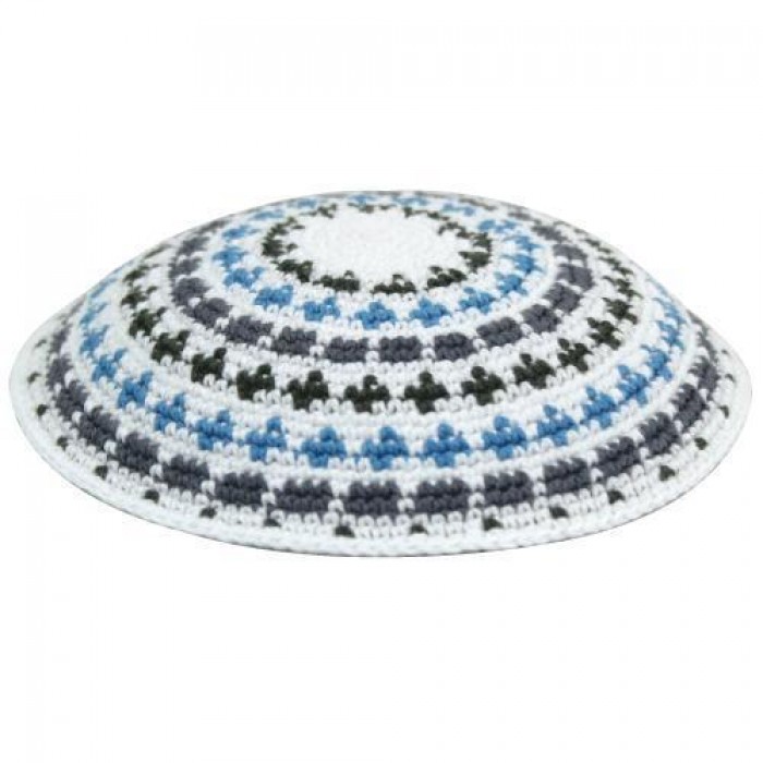 Knitted DMC Kippah in White with Blue, Gray and Green Shapes