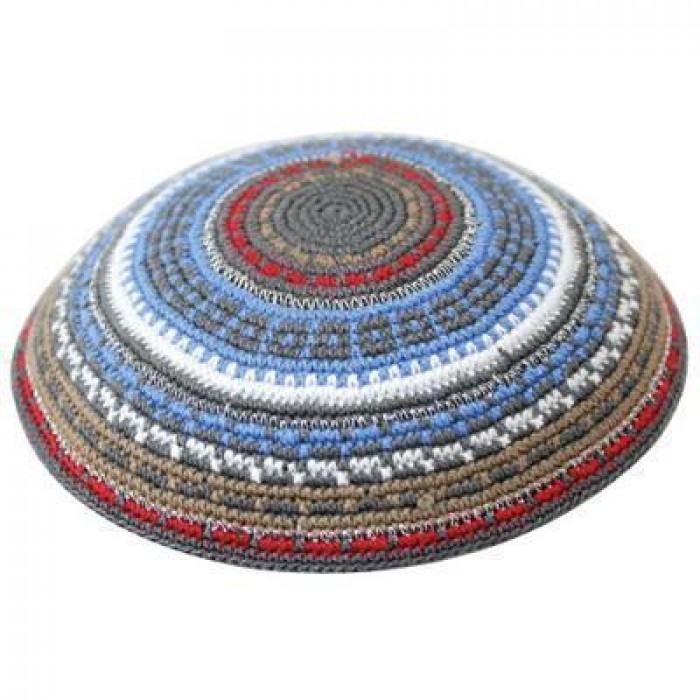 DMC Kippah with Spirals in Gray, Blue, White, Brown and Red 