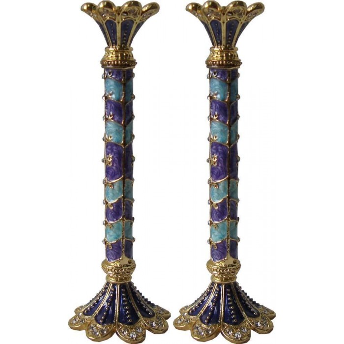 Miniature Candlesticks in Jeweled Blue Filigree 