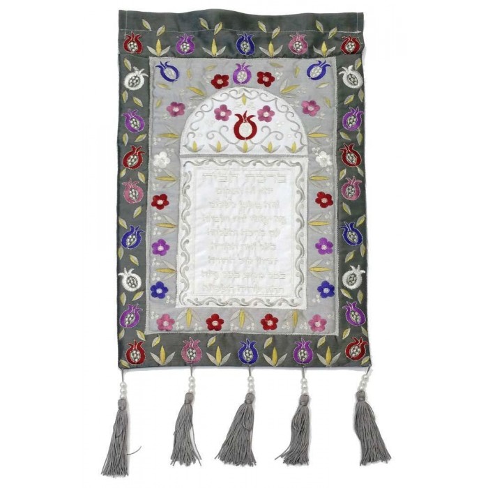 Wall Hanging Home Blessing with Colorful Pomegranate Embroidery in Gray