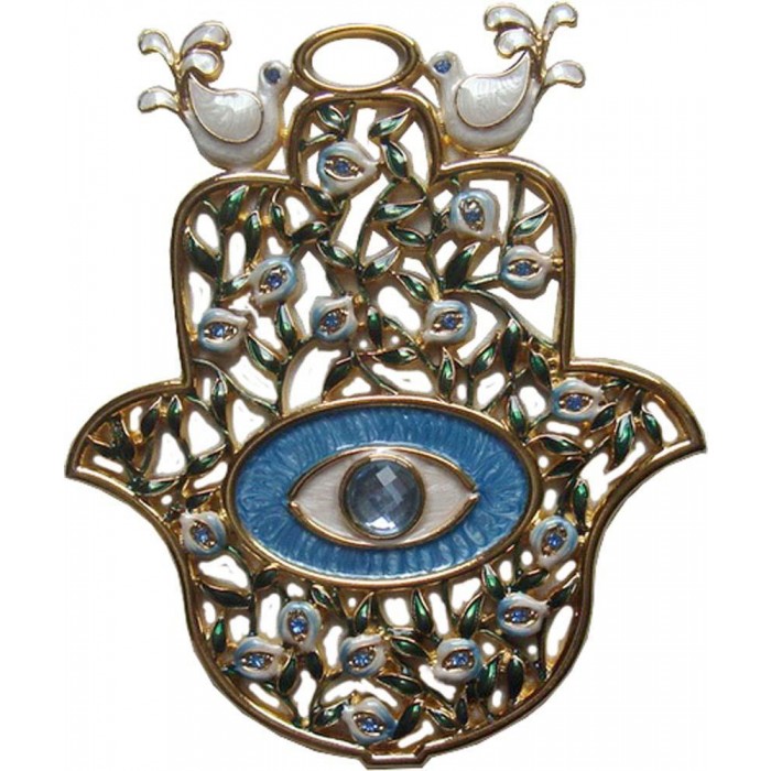 Hamsa with Doves and Evil Eye in White & Blue