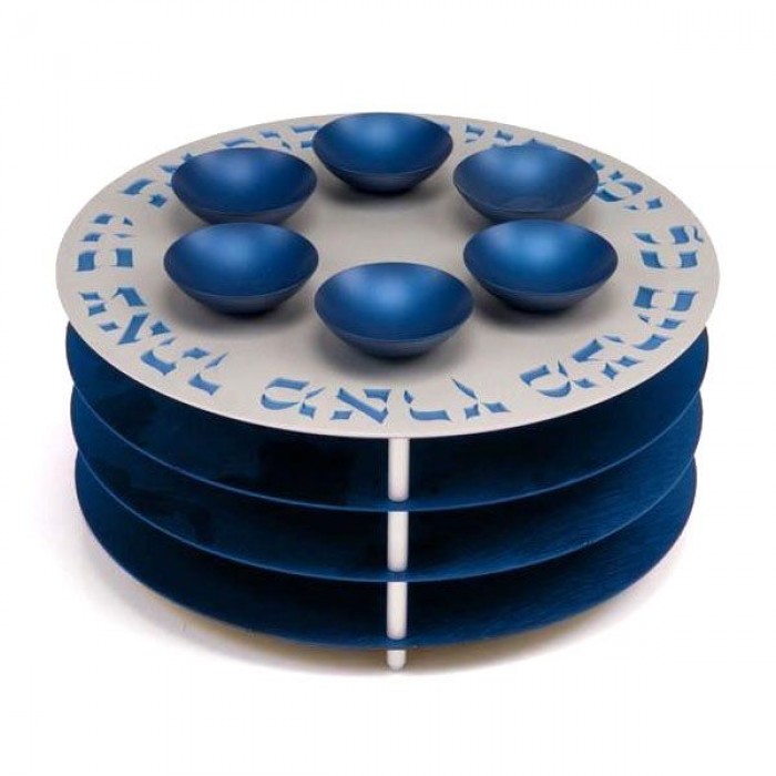 Blue Aluminum Seder Plate with Matzah Plates, Hebrew Text and Six Bowls