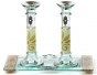 Glass Shabbat Candlesticks with Leaf Print and Tray