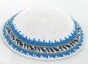 White Knitted Kippah with Blue, Grey and Black Stripes and Wavy Lines