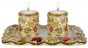 Short Gold-plated, Ivory Enamel and Seven Species Shabbat Candlesticks with Tray 