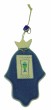 Blue Ceramic Hamsa with Blue and Green Fish, Twine Cord and Bead