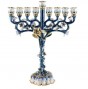Blue Hanukkah Menorah with Gold Plating, White Flowers and Matching Crystals