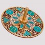 Brass Dreidel with Hebrew Text and Turquoise Feathers and Circles