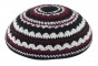 Black Knitted Kippah with White and Bordeaux Stripes