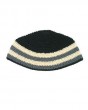 Knitted Kippah in Black with Gray and Yellow Stripes in 23 cm